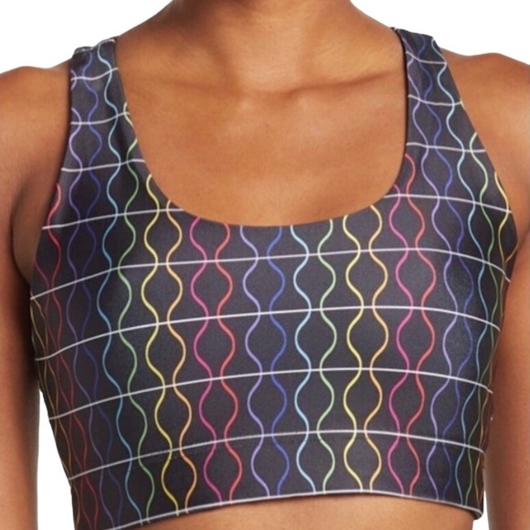 Terez Racerback Sports Bra Size Large Black Rainbow Sound Waves Scoop Neck - Picture 3 of 5